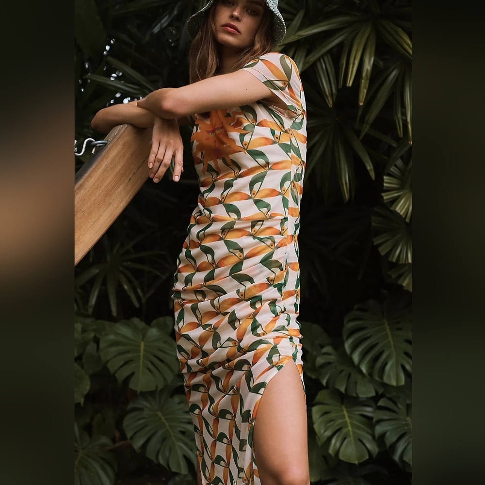 Farm Rio For Anthropologie Tropical Short Sleeve Printed Mesh Midi Dress - Picture 2 of 12